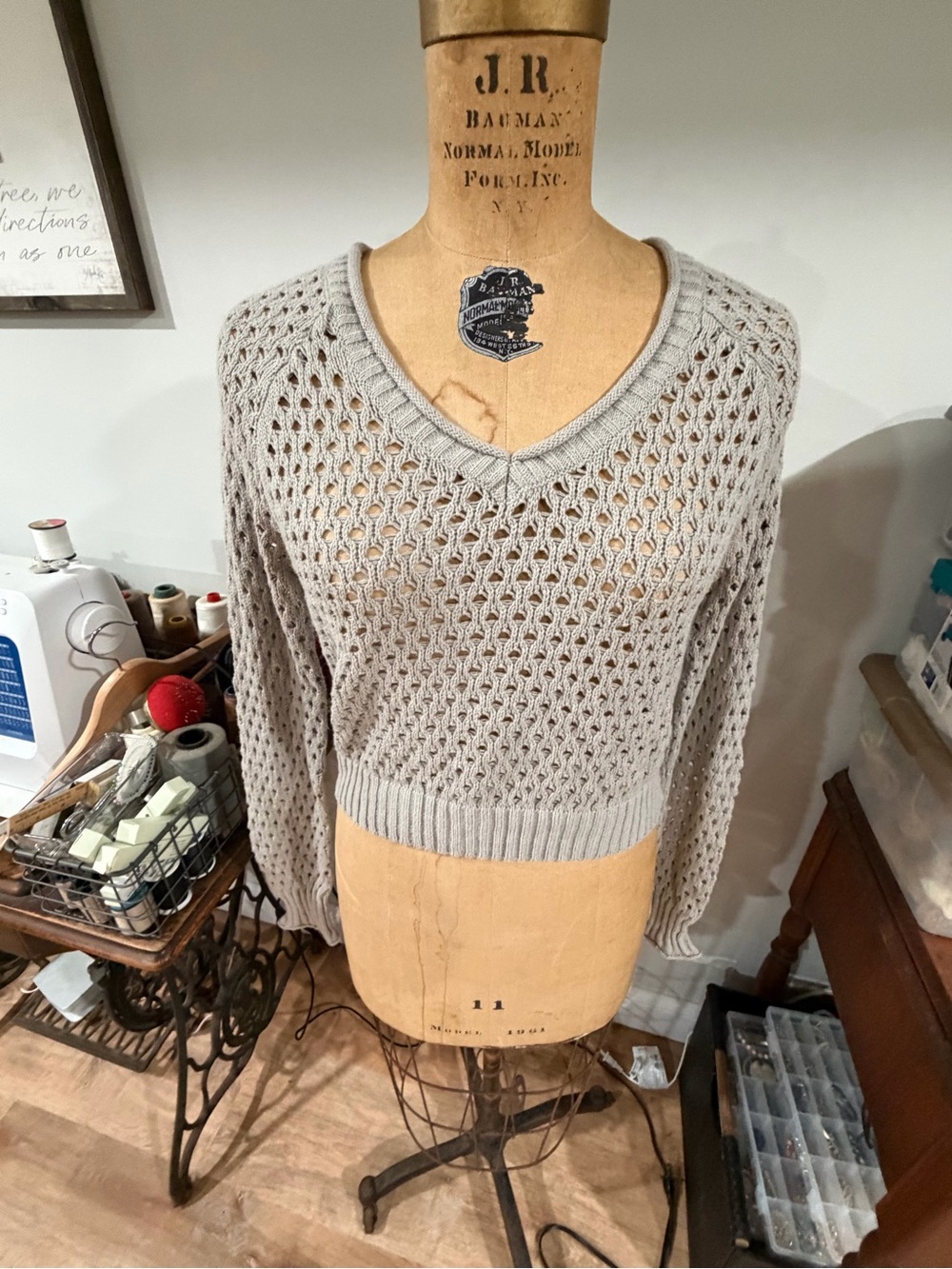 i jeans by Buffalo Light Gray Open-Knit V-Neck Sweater
